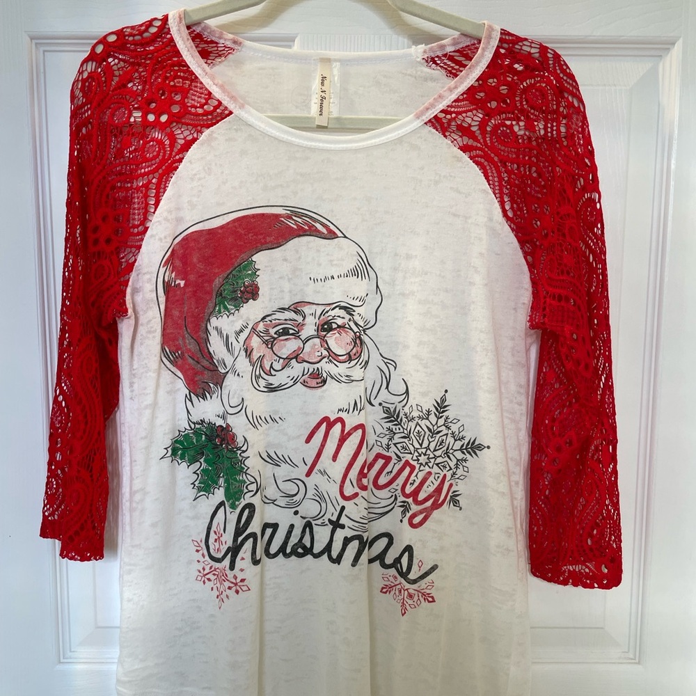 Christmas Santa Burnout Baseball T with Red Lace Sleeves